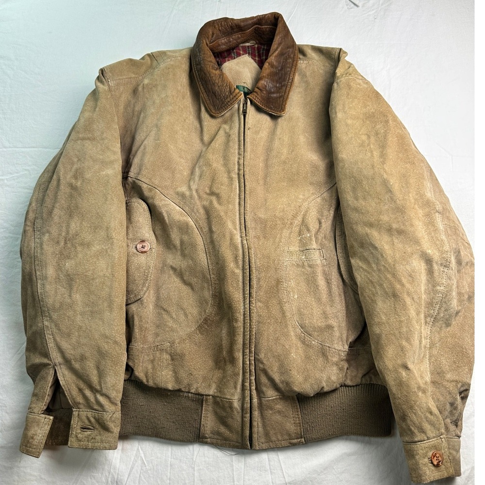 Vintage Robinsons Suede Bomber Jacket Mens Large Tan Leather Collar Plaid Lined